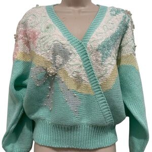 Jaclyn‎ Smith Granny Cottage Core Sweater Sz M Pastels Butter Yellow Beaded Y2K